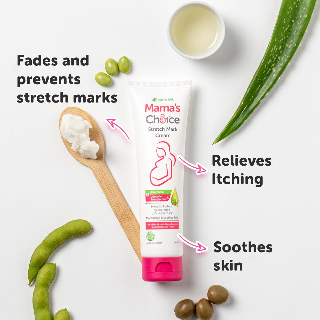 Mama's Choice Stretch Mark cream. Fades and prevents stretch marks. Relieves itching. Soothes skin.